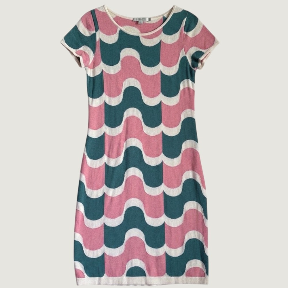 Boden Knit Sheath Dress Size 6L Wavy Mod Pattern Cotton Viscose Pink Green Multi